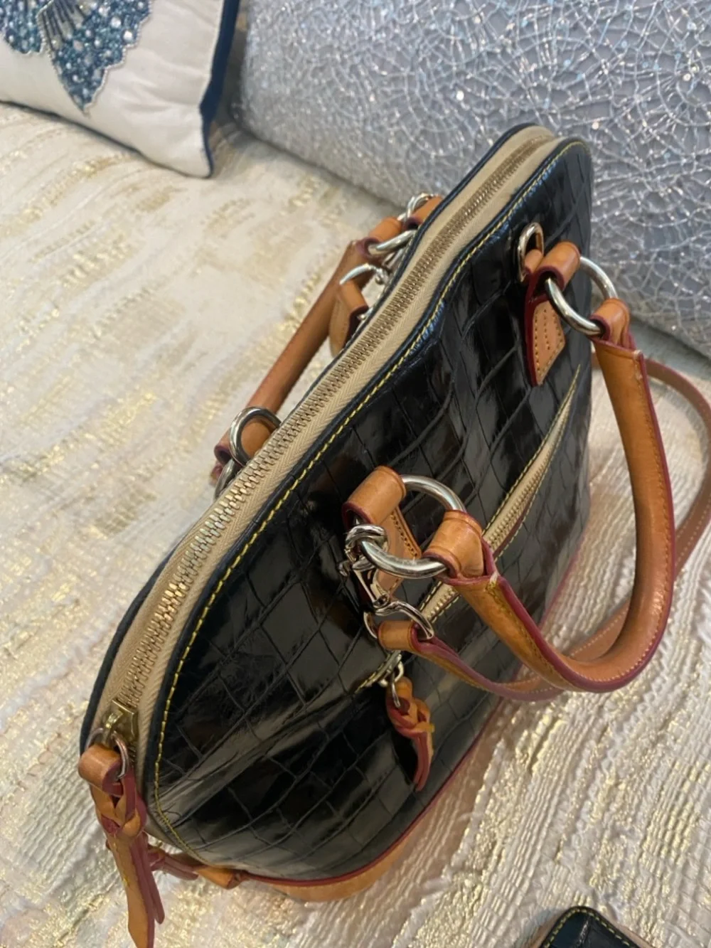 Dooney & Bourke Black Croc-Embossed Satchel with Tan Trim